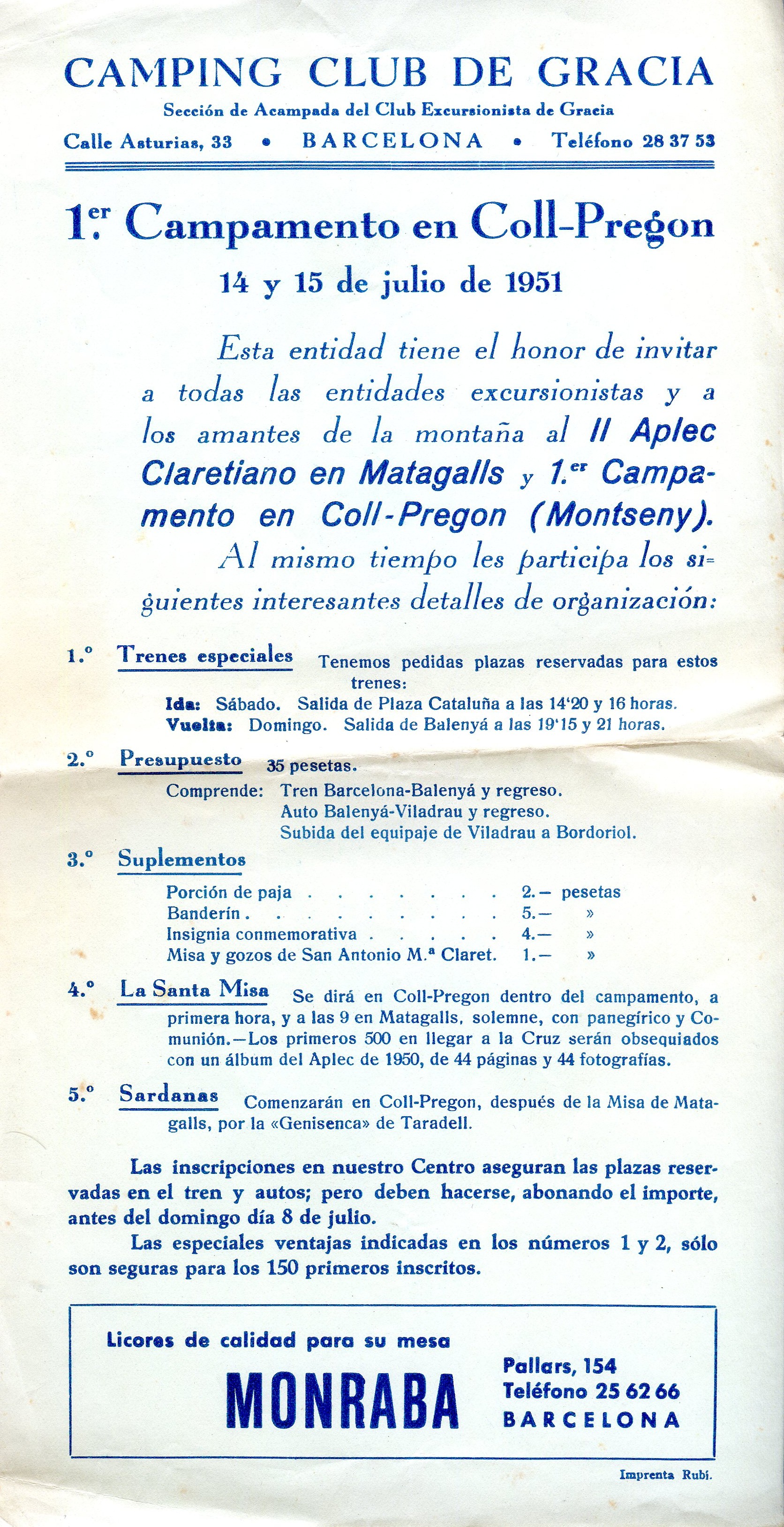 1er. Campamento en Coll-Pregon : 14 y 15 de julio de 1951 - Portada